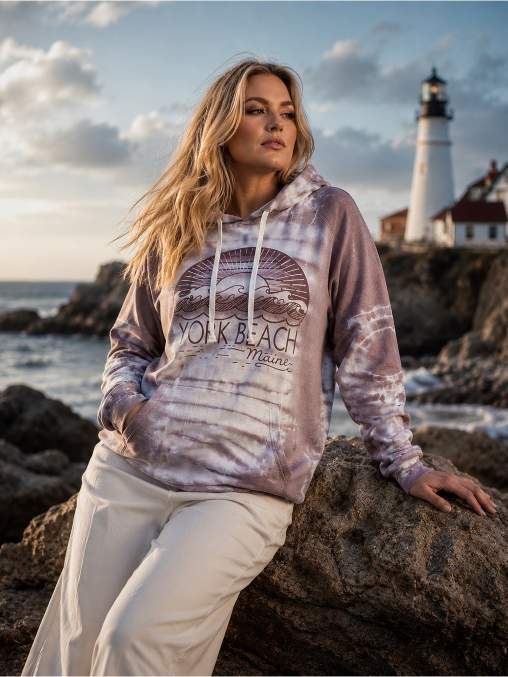 NWOT "York Beach Maine" Waves Sun Tie Dye Bleached Hoodie Sweatshirt Womens SZ L